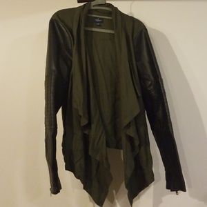 Army green leather sleeved jacket
